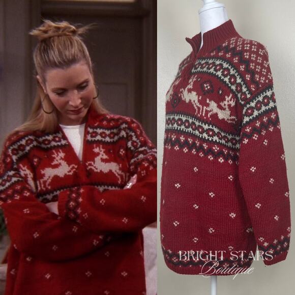 Rare Vintage Reindeer Holiday Sweater ASO Phoebe Buffay Friends Oversize Knit - Picture 2 of 12